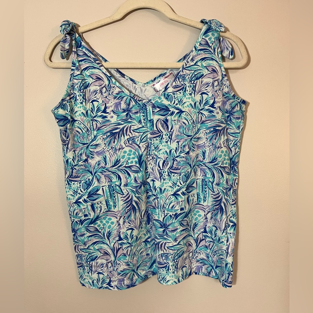 Stella Parker Blue Tropical Print Cotton Women's Sleeveless Tank Top Shirt M